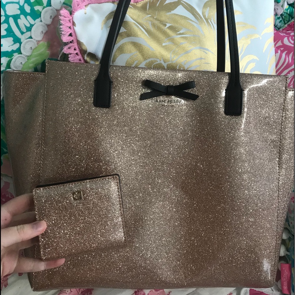 Kate Spade Rose Gold Glitter Tote & Wallet Set